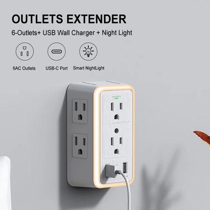 6-Outlet USB Wall Charger Extender – Surge Protected with USB-C, 3 USB Ports & Built-In Night Light