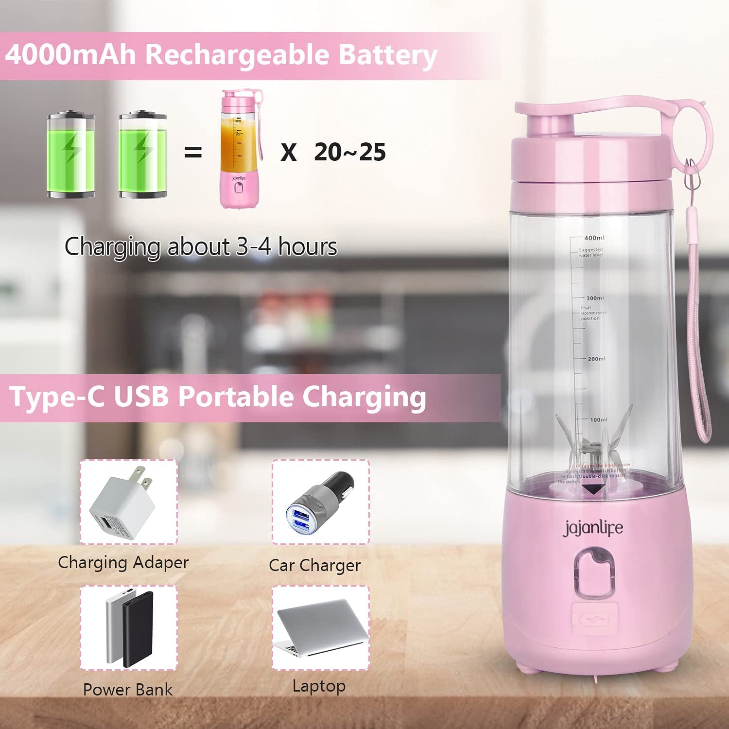 Portable Blender, Personal Size Blender for Shakes and Smoothies, 4000Mah Rechargeable Mini Travel Blender with 3D Six Blades, 13.5Oz Fruit Mixer Cup for Home, Sports, Outdoor (Pink)