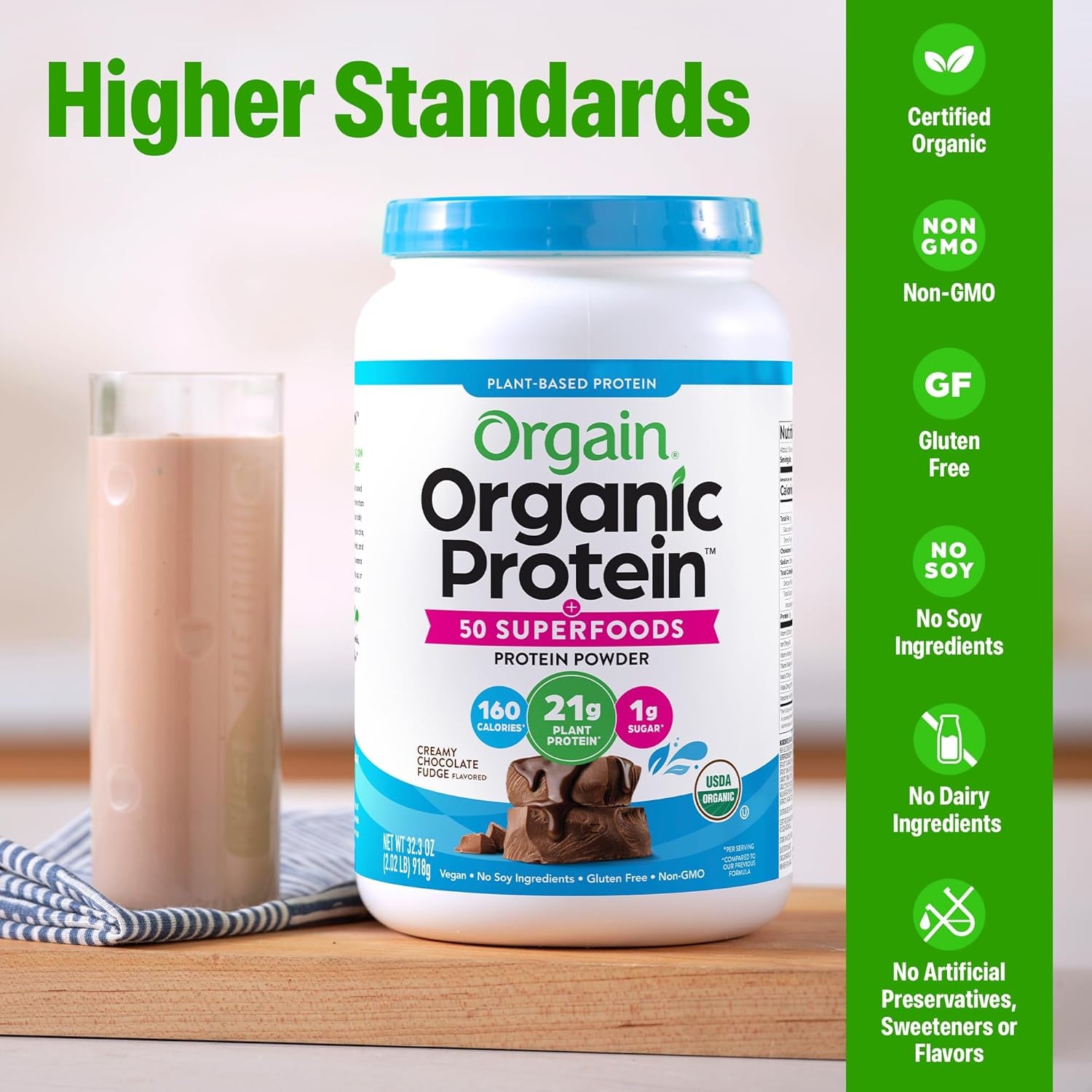Organic Protein + Superfoods Powder, Creamy Chocolate Fudge - 21G of Protein, Vegan, Plant Based, 6G of Fiber, No Dairy, Gluten, Soy or Added Sugar, Non-Gmo, 2.02 Lb