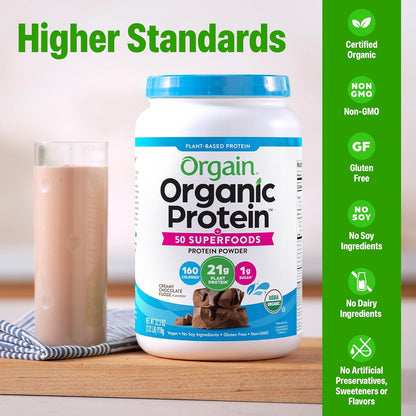 Organic Protein + Superfoods Powder, Creamy Chocolate Fudge - 21G of Protein, Vegan, Plant Based, 6G of Fiber, No Dairy, Gluten, Soy or Added Sugar, Non-Gmo, 2.02 Lb