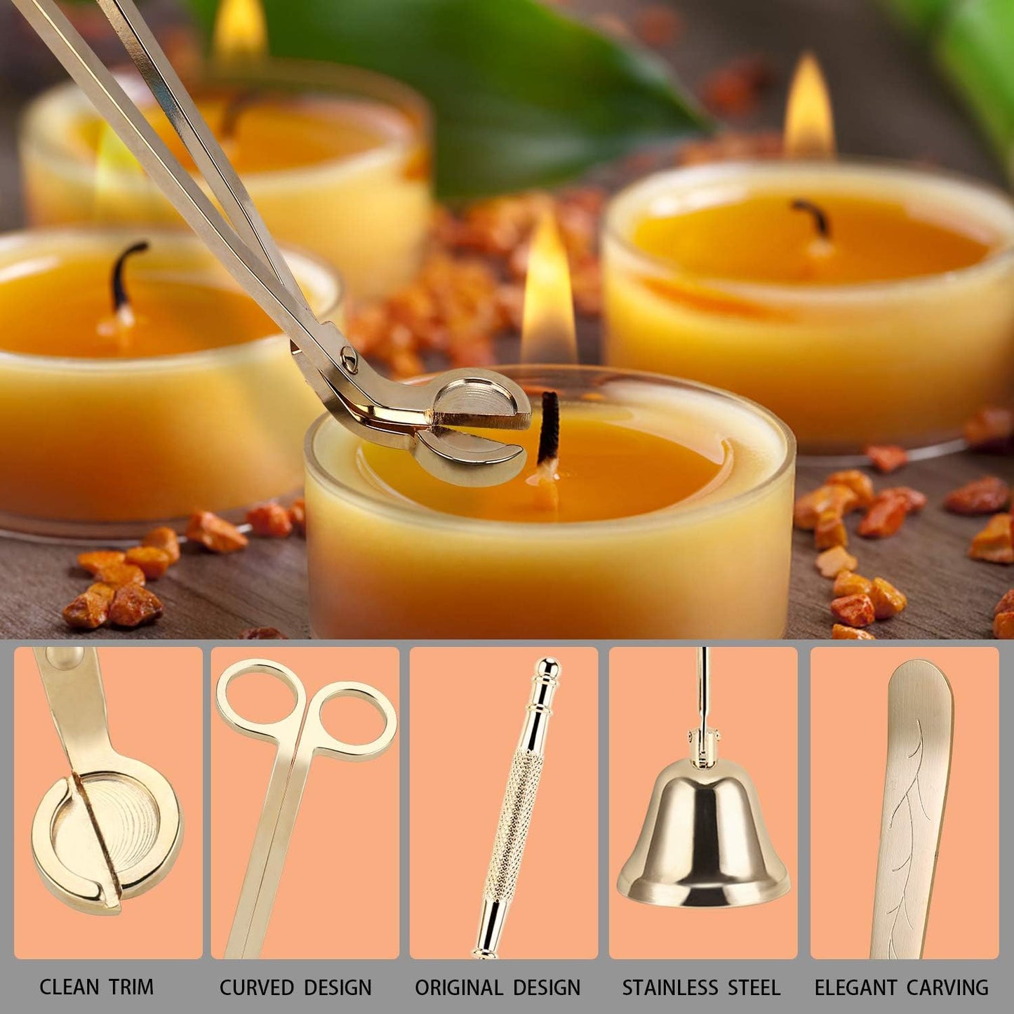 3 in 1 Candle Accessory Set - Candle Wick Trimmer, Candle Wick Cutter, Candle Snuffer Extinguisher, Candle Wick Dipper with Gift Package for Candle Lovers (Champagne Gold)