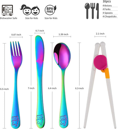 Kids Silverware,  Stainless Steel Children Flatware Set, Safe Toddler Utensils, Rainbow, Set of 4