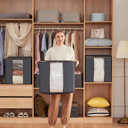 Clothes Storage Bag 90L Large Capacity Organizer with Reinforced Handle Thick Fabric for Comforters, Blankets, Bedding, Foldable with Sturdy Zipper, Clear Window, 3 Pack, Grey