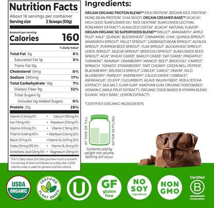 Organic Protein + Superfoods Powder, Creamy Chocolate Fudge - 21G of Protein, Vegan, Plant Based, 6G of Fiber, No Dairy, Gluten, Soy or Added Sugar, Non-Gmo, 2.02 Lb