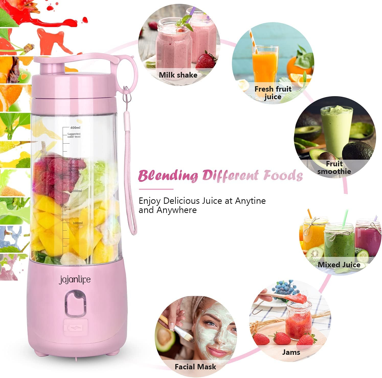 Portable Blender, Personal Size Blender for Shakes and Smoothies, 4000Mah Rechargeable Mini Travel Blender with 3D Six Blades, 13.5Oz Fruit Mixer Cup for Home, Sports, Outdoor (Pink)