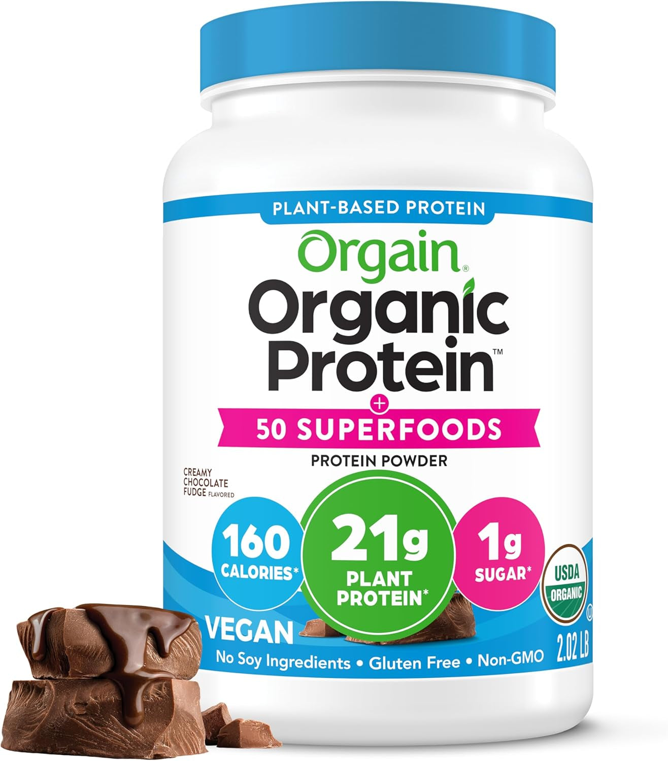 Organic Protein + Superfoods Powder, Creamy Chocolate Fudge - 21G of Protein, Vegan, Plant Based, 6G of Fiber, No Dairy, Gluten, Soy or Added Sugar, Non-Gmo, 2.02 Lb