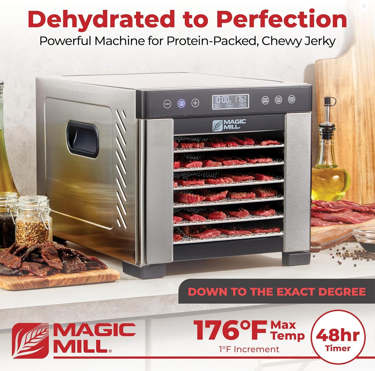 Food Dehydrator Machine | 7 Stainless Steel Trays | Dryer for Jerky, Dog Treats, Herb, Meat, Beef, Fruit | Keep Warm Function, Digital Timer and Temperature Control, Equipped Safety Over-Heat Protection, ETL Approved - (MFD-7070, 7 Stainless Steel Trays)