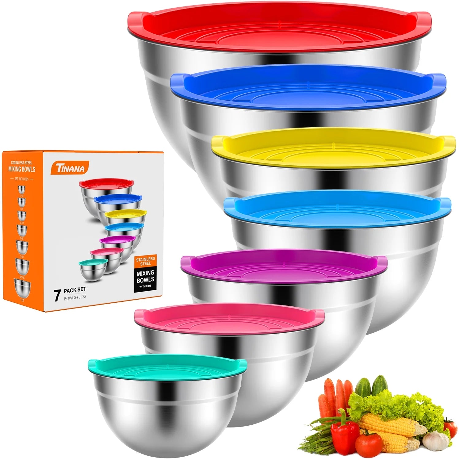 Mixing Bowls with Lids: 7 Pack Stainless Steel Mixing Bowls Set, Metal Nesting Mixing Bowls for Kitchen, 7/4.5/3.0/2.0/1.5/1.0/0.7QT, Great for Prep, Baking, Serving, Multicolor