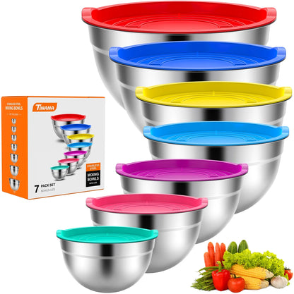 Mixing Bowls with Lids: 7 Pack Stainless Steel Mixing Bowls Set, Metal Nesting Mixing Bowls for Kitchen, 7/4.5/3.0/2.0/1.5/1.0/0.7QT, Great for Prep, Baking, Serving, Multicolor