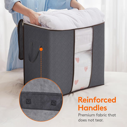 Clothes Storage Bag 90L Large Capacity Organizer with Reinforced Handle Thick Fabric for Comforters, Blankets, Bedding, Foldable with Sturdy Zipper, Clear Window, 3 Pack, Grey