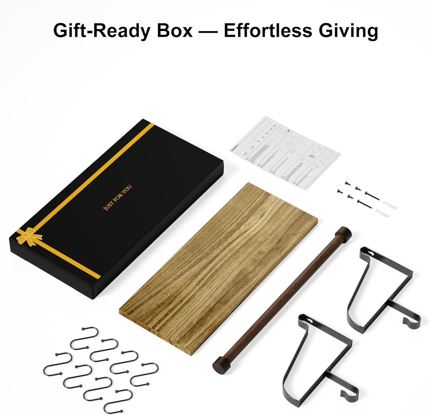 Floating Shelf Wall Shelf for Storage Rustic Wood Kitchen Spice Rack with Towel Bar and 8 Removable Hooks for Organize Cooking Utensils or Mugs Carbonized Black