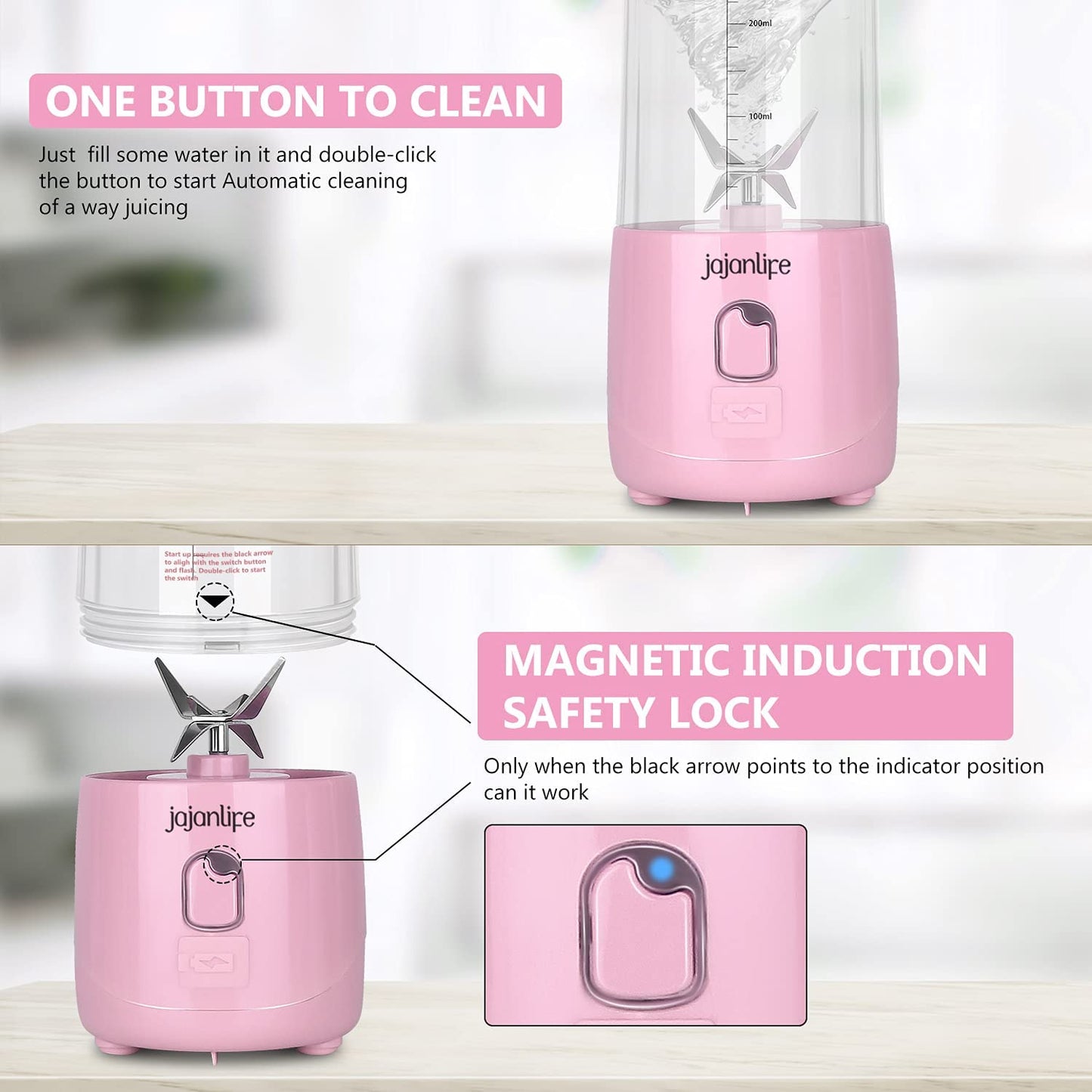 Portable Blender, Personal Size Blender for Shakes and Smoothies, 4000Mah Rechargeable Mini Travel Blender with 3D Six Blades, 13.5Oz Fruit Mixer Cup for Home, Sports, Outdoor (Pink)