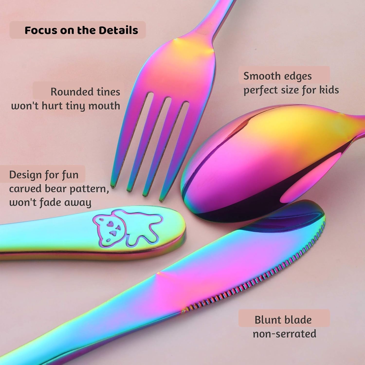Kids Silverware,  Stainless Steel Children Flatware Set, Safe Toddler Utensils, Rainbow, Set of 4