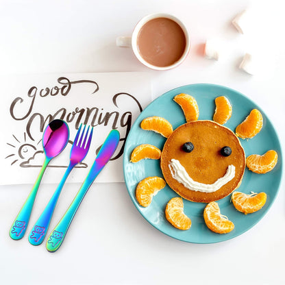 Kids Silverware,  Stainless Steel Children Flatware Set, Safe Toddler Utensils, Rainbow, Set of 4