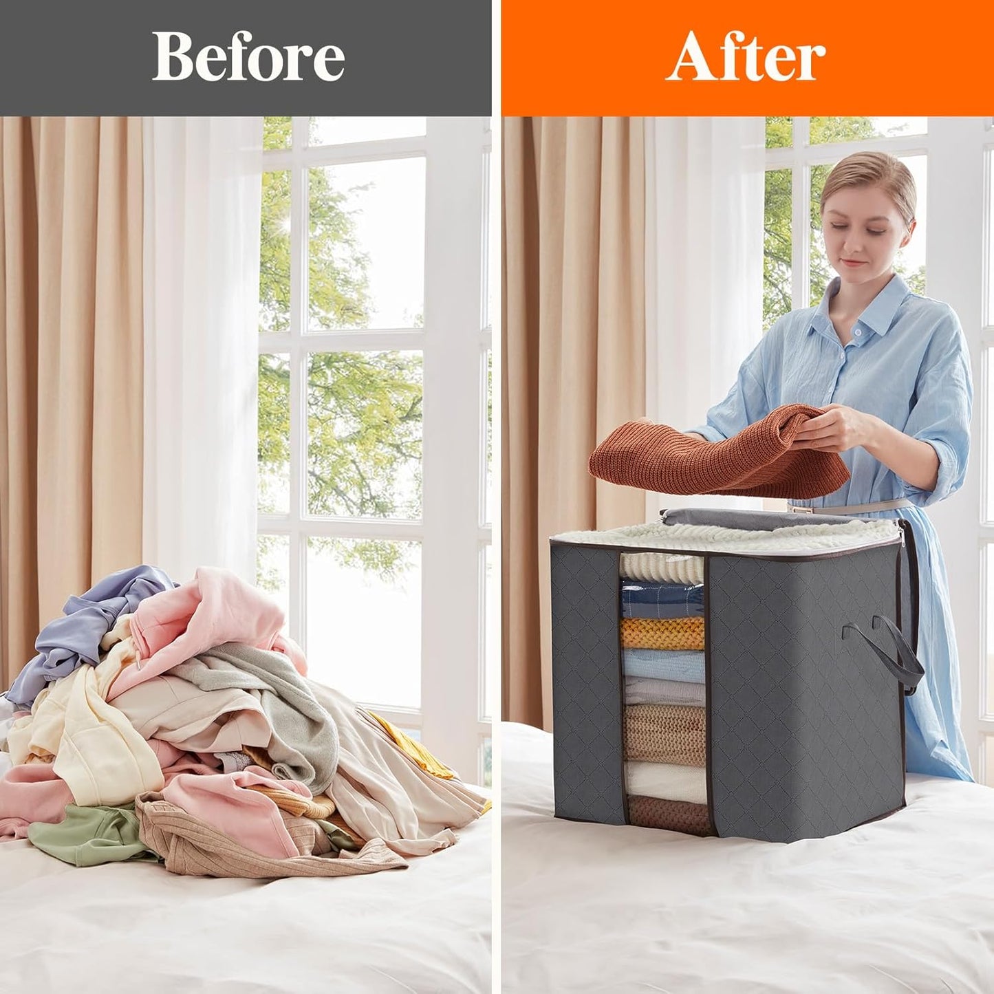 Clothes Storage Bag 90L Large Capacity Organizer with Reinforced Handle Thick Fabric for Comforters, Blankets, Bedding, Foldable with Sturdy Zipper, Clear Window, 3 Pack, Grey