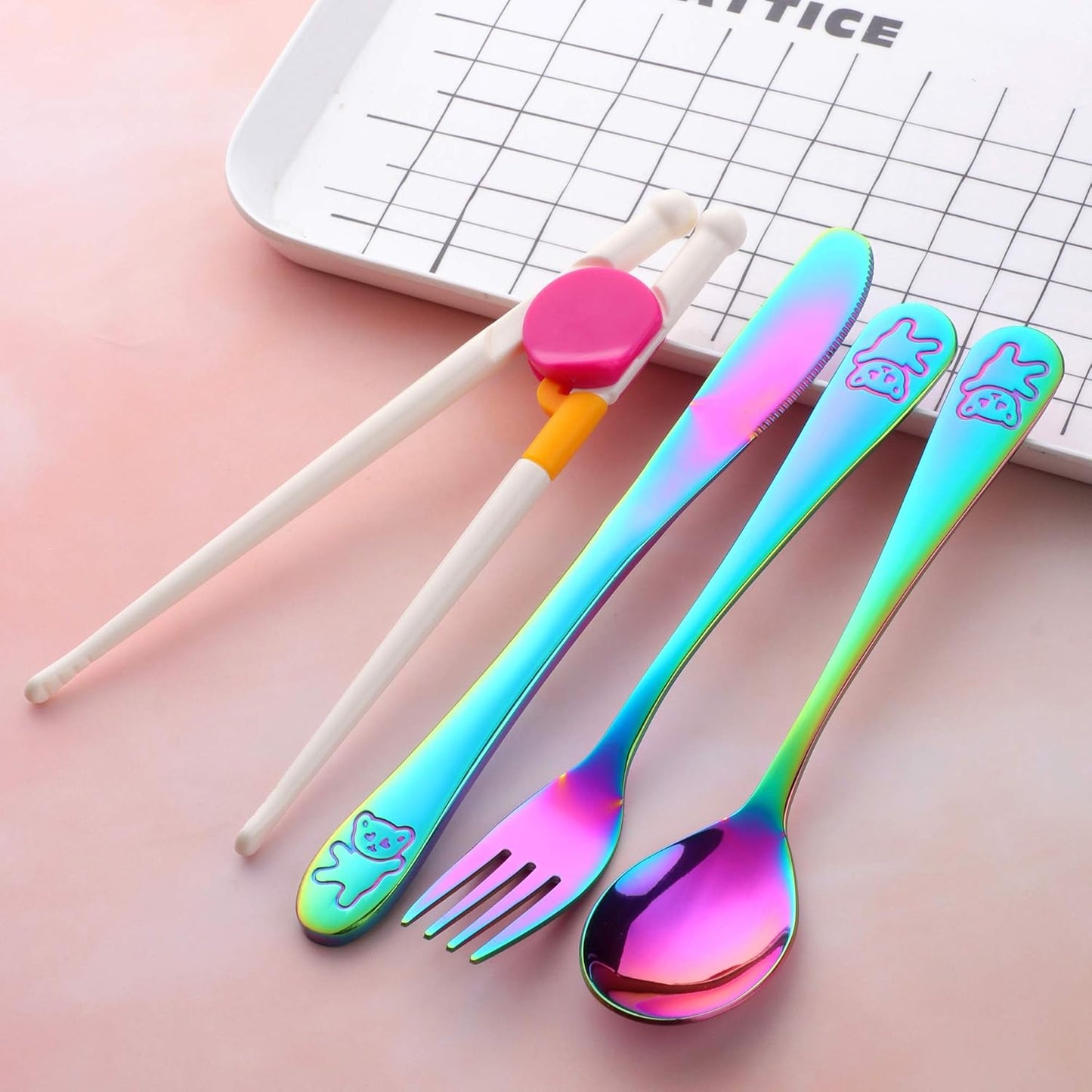 Kids Silverware,  Stainless Steel Children Flatware Set, Safe Toddler Utensils, Rainbow, Set of 4