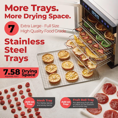 Food Dehydrator Machine | 7 Stainless Steel Trays | Dryer for Jerky, Dog Treats, Herb, Meat, Beef, Fruit | Keep Warm Function, Digital Timer and Temperature Control, Equipped Safety Over-Heat Protection, ETL Approved - (MFD-7070, 7 Stainless Steel Trays)