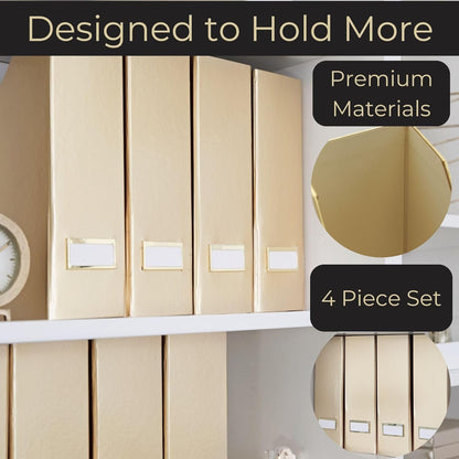 Foldable Gold Magazine File Holder with Gold Label Holder - Set of 4 Cardboard Magazine Holder Boxes - Gold Desk Accessories