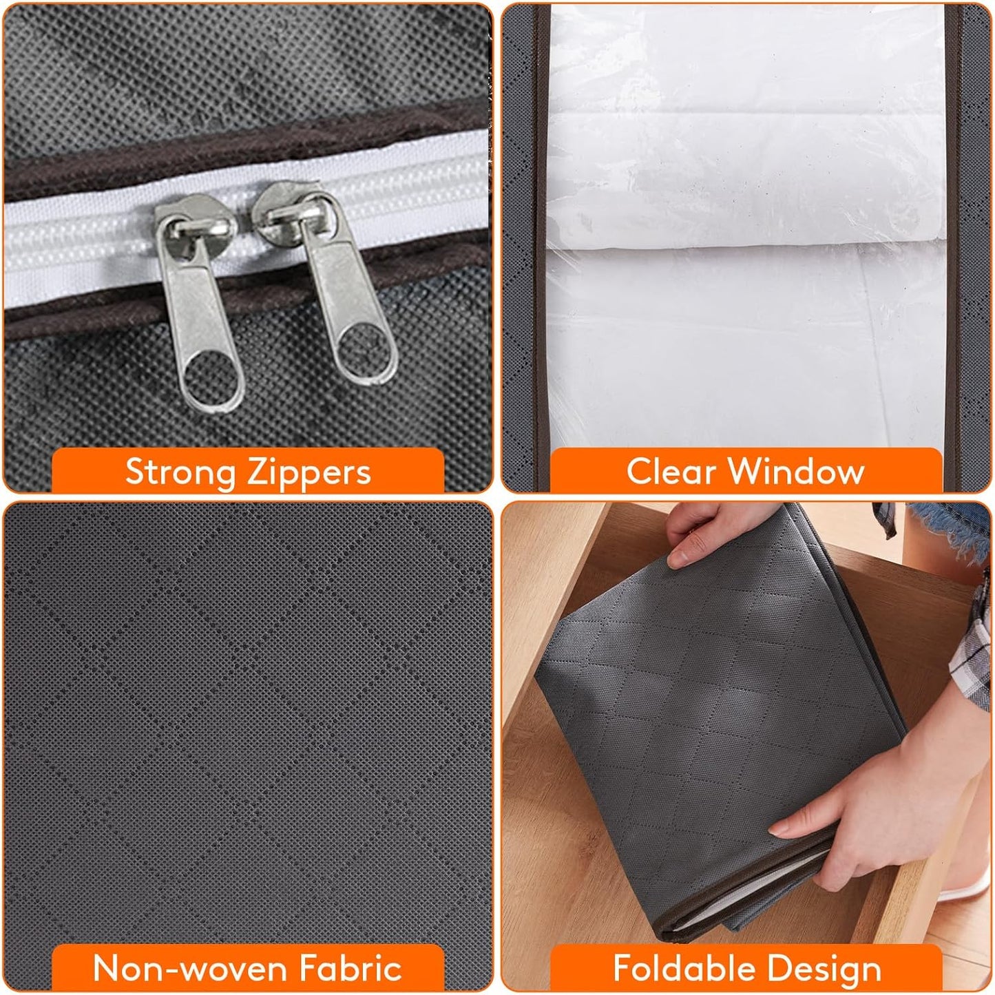 Clothes Storage Bag 90L Large Capacity Organizer with Reinforced Handle Thick Fabric for Comforters, Blankets, Bedding, Foldable with Sturdy Zipper, Clear Window, 3 Pack, Grey