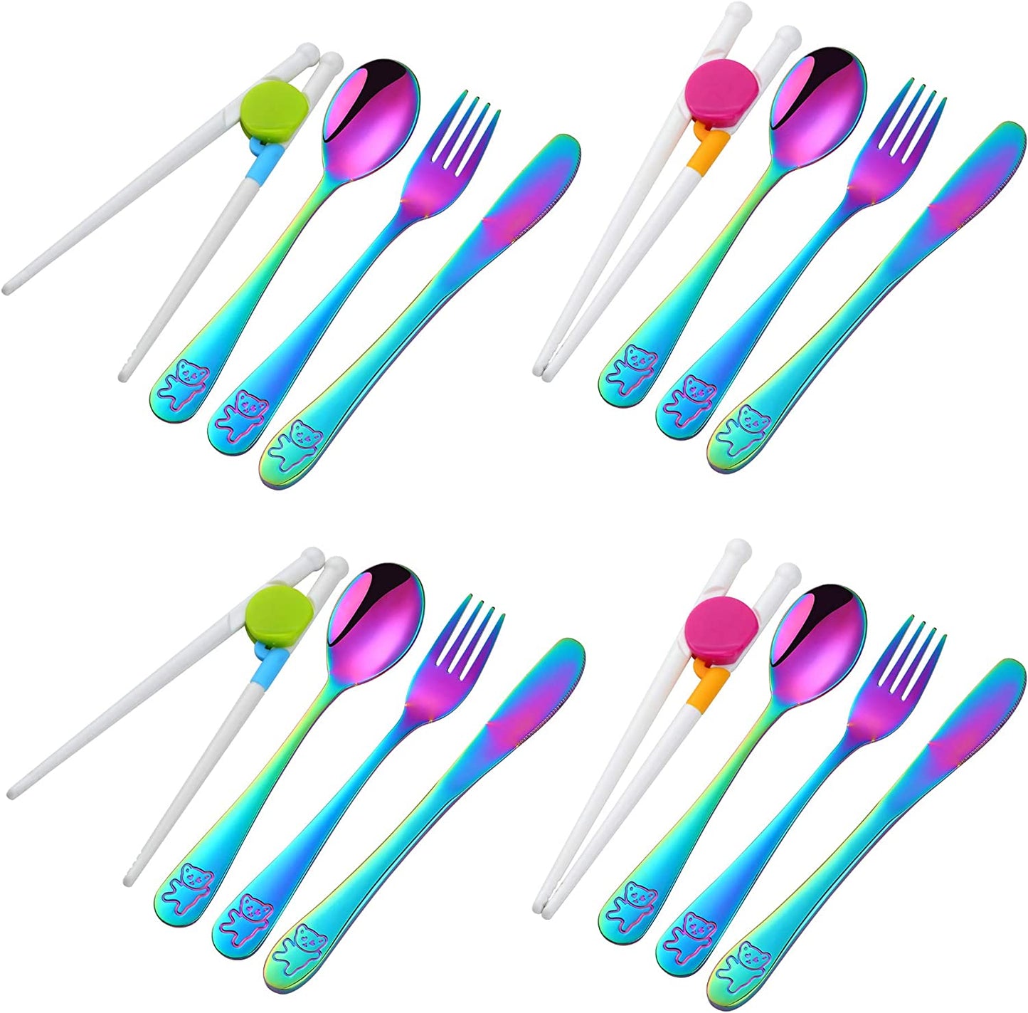 Kids Silverware,  Stainless Steel Children Flatware Set, Safe Toddler Utensils, Rainbow, Set of 4